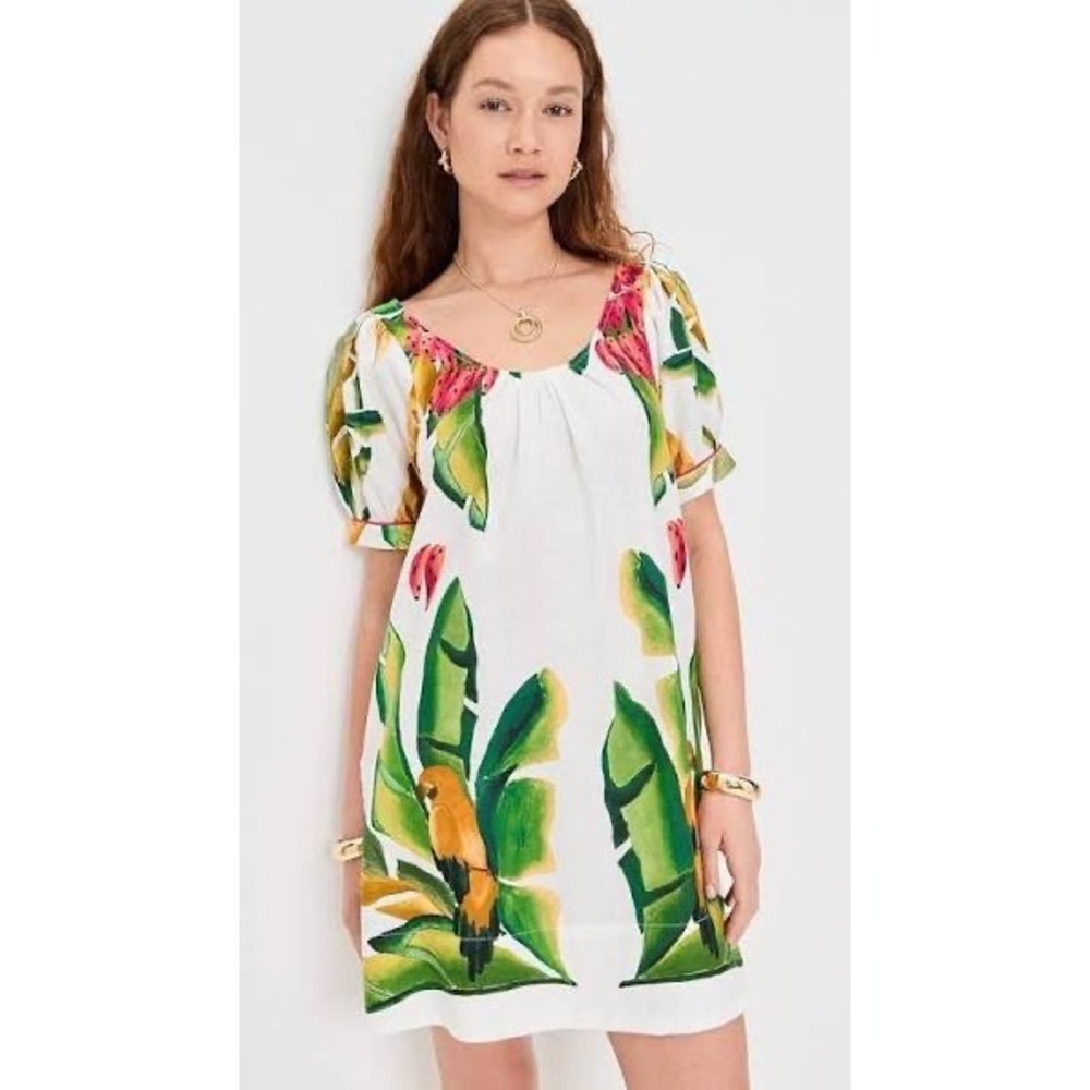 Farm Rio Summer Foliage Scarf Linen Mini Dress Off-White Tropical Parrot NWT XS